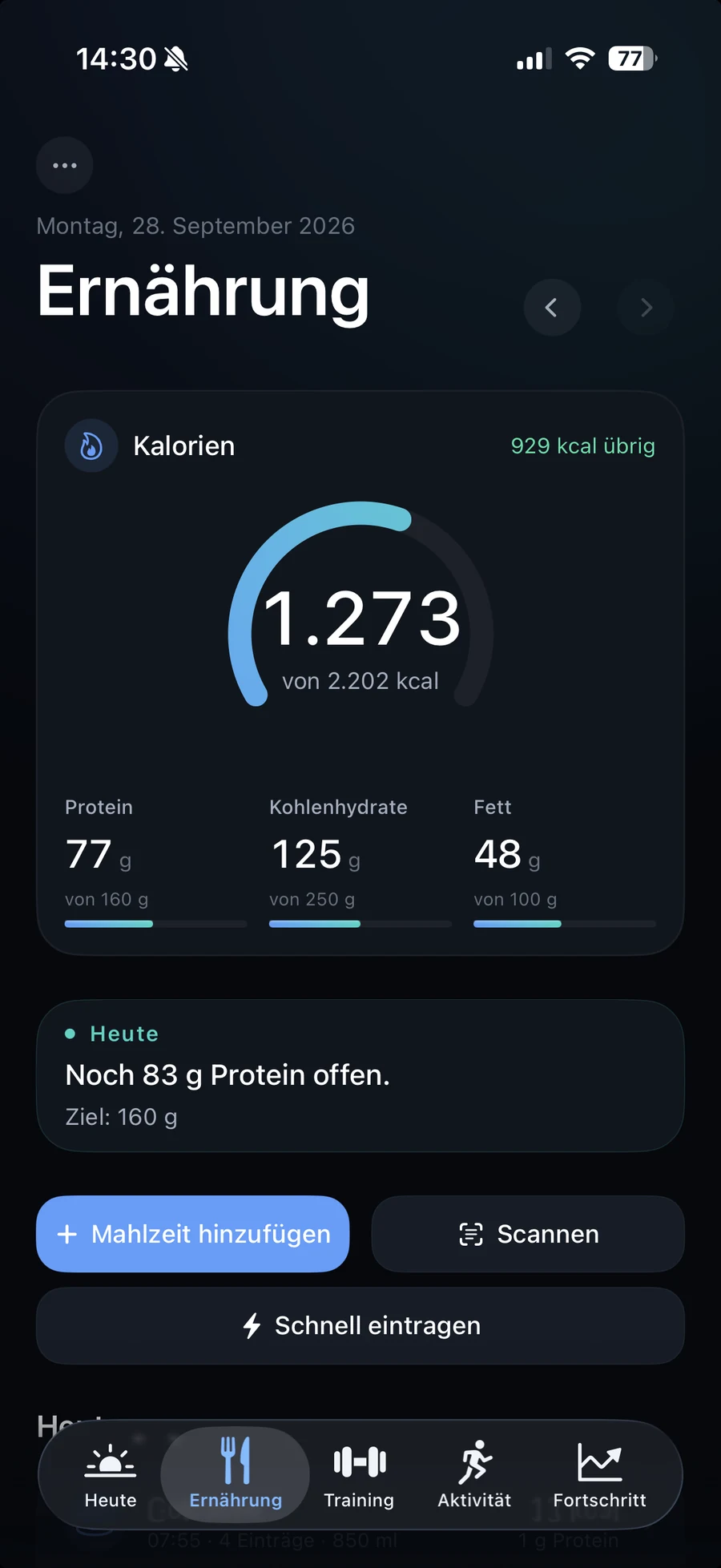 EMVAYO Ernährungs-Screen: Kalorien- und Makroübersicht