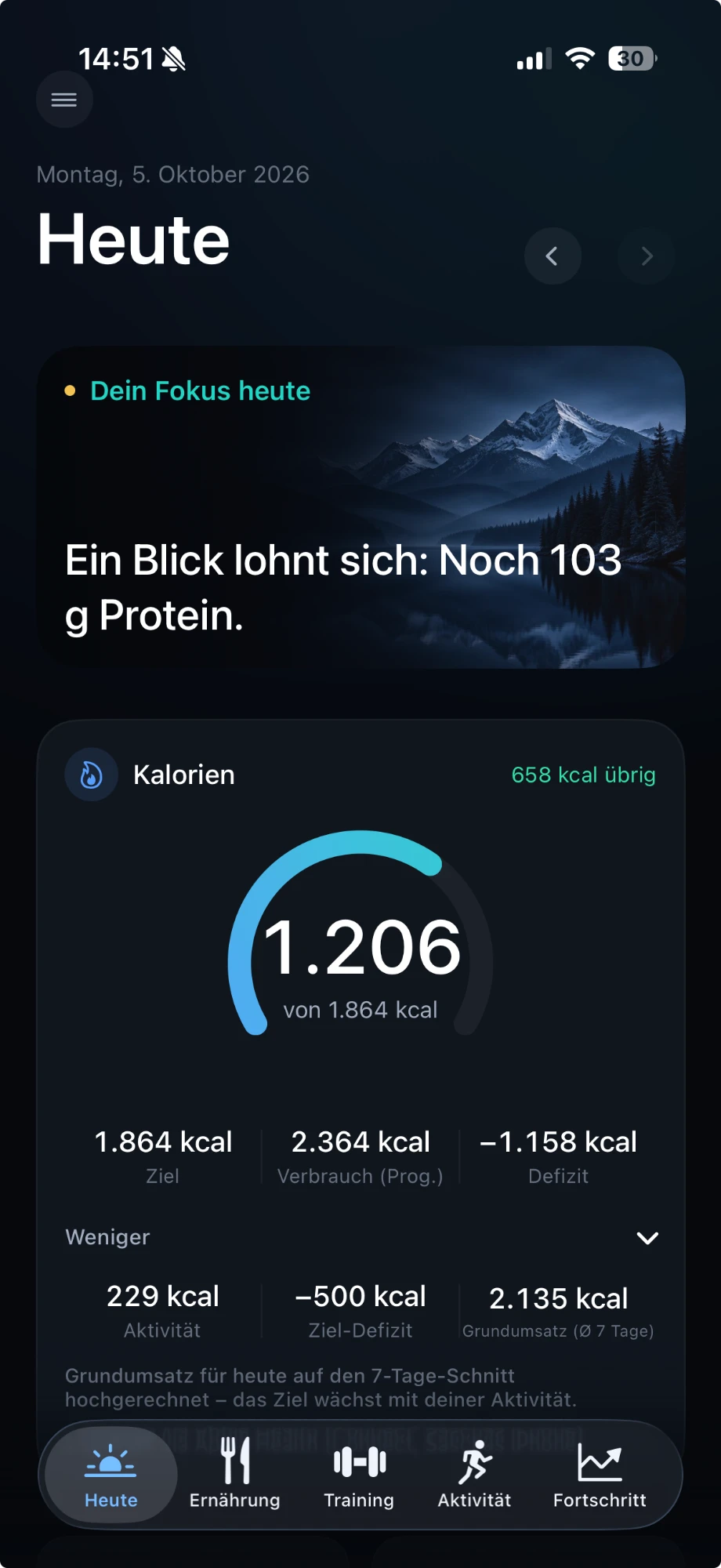 EMVAYO Heute-Screen: Fokus des Tages und Kalorienring mit Ziel, Verbrauch und Defizit
