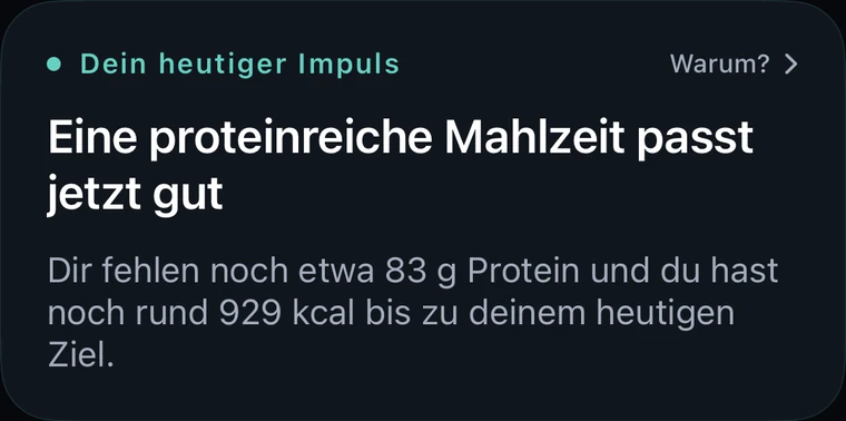 Karte „Dein heutiger Impuls“ aus der EMVAYO App, Beispiel vom 28. September: Eine proteinreiche Mahlzeit passt jetzt gut, mit Warum-Erklärung.