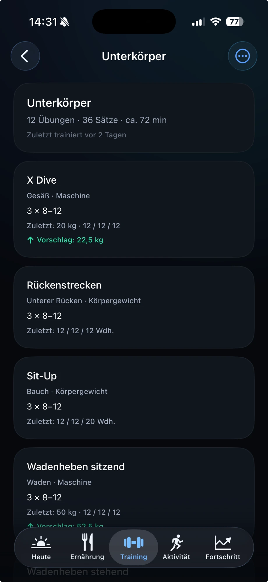 EMVAYO Routine „Unterkörper“: Übung X Dive mit Schema 3 × 8–12, zuletzt 20 kg mit 12 / 12 / 12 und dem Vorschlag 22,5 kg